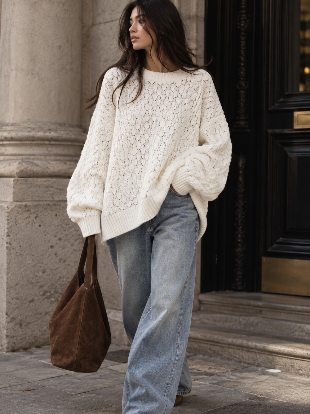 Lily Morgan Ivory White Open Knit Oversized Sweater 2X | Cozy Chic Cotton